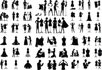 Fototapeta premium Fashion Designer with Mannequin Silhouette Icon Set – Creative Style Art Clothing Design Silhouette Icon Set – Tailor & Fashion Studio
