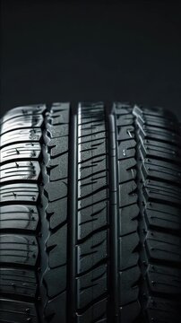 High detail  focusing on the tread of a vehicle's black rubber tire, showcasing its texture and traction.