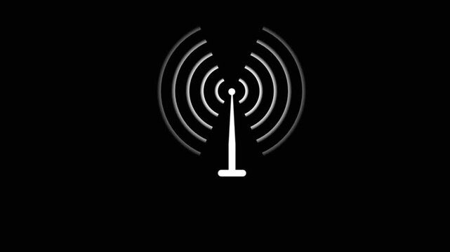 Digital white color Radio station signal tower icon. Internet network net connection icon logo. network tower produced radio wave concept , data transfer from tower concept on black background. 