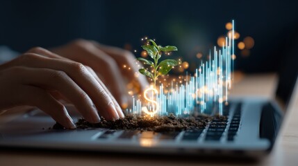 Hands type on laptop, sprout with dollar sign grows