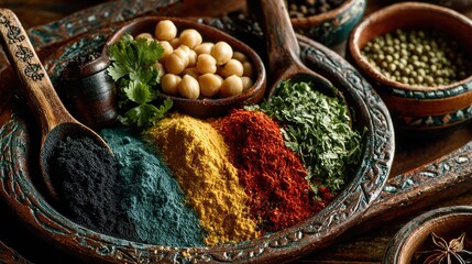 A vibrant collection of spices and herbs displayed in traditional bowls, capturing the essence of culinary tradition and flavor. Perfect for food enthusiasts and culinary art.
