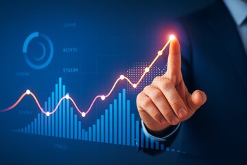 Businessman touches glowing financial growth chart with digital data bars and futuristic analytics on blue background in creative light concept.