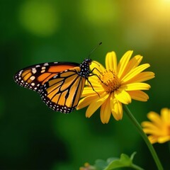 Fototapeta premium Monarch butterfly, brown and orange wings, sunlit yellow flower, lush green foliage , high-resolution, yellow, colorful
