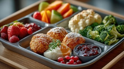 A vibrant platter featuring a variety of healthy foods including savory croquettes, fresh berries, and colorful vegetables. Ideal for promoting balanced eating and nutrition.