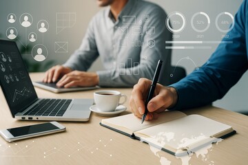 Business planning and digital data analysis concept with two professionals working on laptops and writing notes in office with light background..