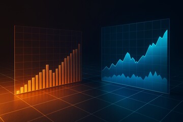 Abstract glowing financial bar and line charts in orange and blue on digital grid background with dark futuristic business style lighting.