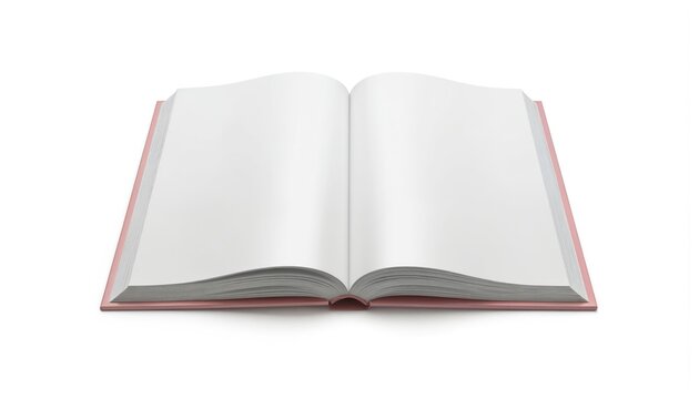 Open blank book on white background. Pristine white pages, black spine, single book object isolated on plain surface. Casual, relaxed layout with empty, uncluttered space.