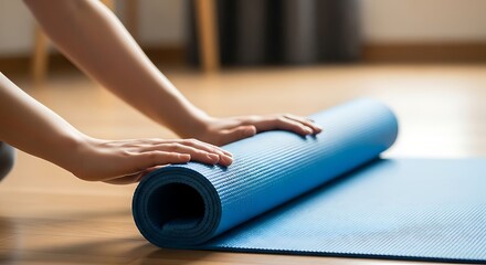 Close-up of hands rolling up a blue yoga mat on a wooden floor.