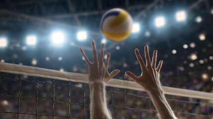 Volleyball game with hands reaching for the ball over the net in arena