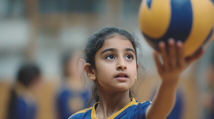 Girl preparing to serve a volleyball in a gymnasium with teammates