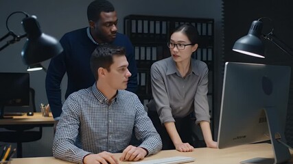 Diverse professional team collaborating intently on a computer in a modern office showcasing teamwork discussion and a dedicated business work environment - Powered by Adobe