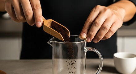 Person carefully scoops coffee grounds into a clear glass carafe, preparing a beverage.