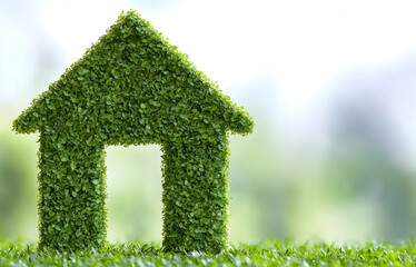 Green house structure made of lush grass and leaves, symbolizing eco-friendly living and glamping experience in nature, surrounded by soft blurred greenery and natural light