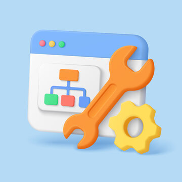 3d style browser window with sitemap diagram wrench and gear symbolizing technical seo optimization and website structure on isolated blue background vector illustration