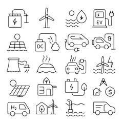 An illustration of diverse elements of renewable energy, highlighting solar panels, wind turbines, and electric vehicles in a clean and minimalist style.