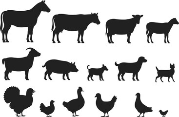 Farm Animal Silhouettes Vector  Horse, Cow, Sheep, Goat, Pig, Dog, Chicken, Duck, Turkey, and Baby Farm Animals