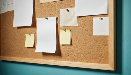 Blank bulletin board with six pieces of paper. Each paper has white background and black text, set against blue office wall, creating a sharp contrast. White papers stand out on blue background.