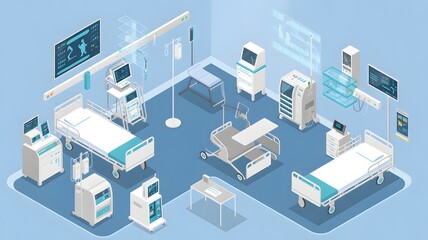 Hospital Room in Illustration: A digitally rendered hospital room, featuring various medical equipment and beds, illustrating a sterile and functional environment. 