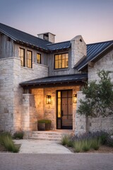 Elegant stone house entrance in a serene neighborhood at dusk, showcasing beautiful architecture and soft outdoor lighting