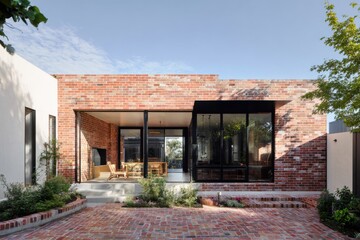 Modern brick house with large windows and garden area during daylight, showcasing a blend of contemporary design and nature