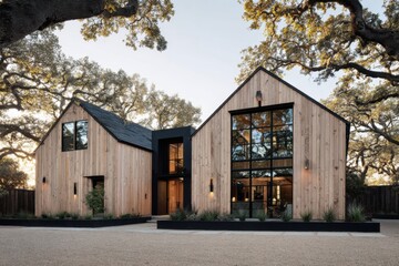 Modern wooden house design showcases minimalist architecture surrounded by lush oak trees during sunset in a serene neighborhood