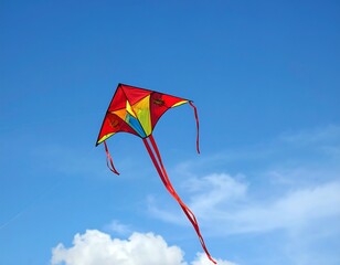 Colorful kite flying high in a clear blue sky