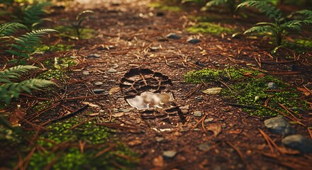 Obraz premium Footprint on wet reddish forest soil with moss, ferns, and mist in a Southeast Asian highland