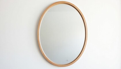 Oval mirror with wooden frame on white wall background  