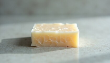 Naklejka premium Natural soap bar on a stone surface with soft lighting 