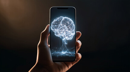 Hand holding smartphone projecting hologram of brain made of neural connections. Ai gen.

