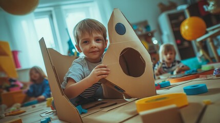 Kids are engaged in creative play, building and exploring cardboard designs in a bright room