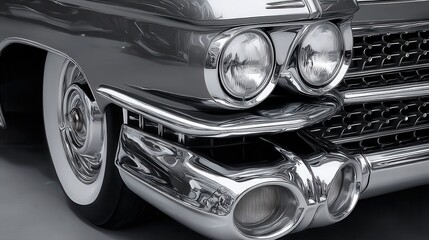 Close up of a gleaming chrome bumper and headlights on a classic car