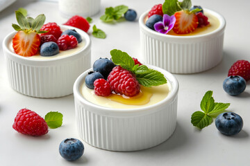 Three white bowls filled with fruit and whipped cream