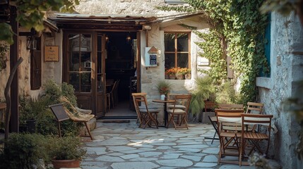 Fototapeta premium A cozy outdoor space with wooden chairs and tables surrounded by lush plants invites relaxation