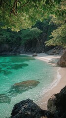 Fototapeta premium Calm waters gently lap the shore, surrounded by vibrant green foliage and rocky formations