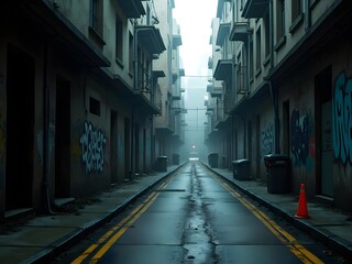 Obraz premium Narrow, damp alleyway flanked by graffiti-covered buildings, featuring yellow ground markings, black trash bins, orange traffic cones, and a foggy, desolate atmosphere