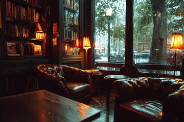 Cozy library lounge with leather sofas and warm lamps