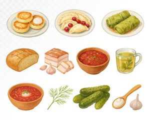Colorful watercolor illustration set of traditional Eastern European dishes including pancakes, dumplings, cabbage rolls, bread, and borscht. Perfect for kitchen decor. Vector illustration.