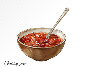 Warm watercolor illustration of a bowl filled with cherry jam and a spoon, ideal for cozy kitchen wall decor, food packaging, or culinary-themed creative projects. Vector illustration.

