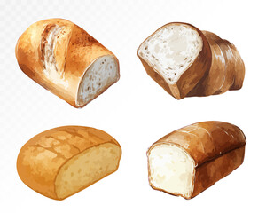 Watercolor set of loaves of fresh rustic bread in various shapes and sizes, a staple of Ukrainian cuisine and homemade meals. Vector illustration.