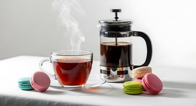 A cup of tea and a coffee french press with colorful macarons. - Powered by Adobe