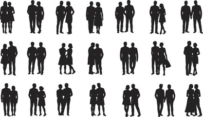 Romantic couple silhouette vectors, diverse poses, standing, walking, hugging, kissing, perfect for love, relationship, dating, wedding designs