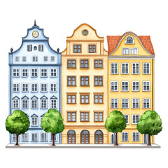 Naklejka premium Colorful European Buildings with Green Trees and Clock Tower, isolated on transparent background.