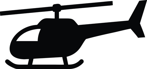 Black helicopter icon showcases rotors and skids on the white background in vector