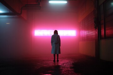 Solitary figure bathed in vibrant pink neon light in a dimly lit urban tunnel