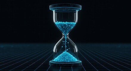 Futuristic hourglass with glowing blue particles symbolizes time passing in a digital grid environment