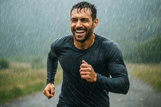 Joyful man running in heavy rain with determination and energy, wearing dark athletic clothing, on a forest trail background outdoors. Ai generative - Powered by Adobe
