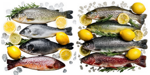 An assortment of different types of fresh fish displayed with lemon slices on a white surface isolated on transparent background