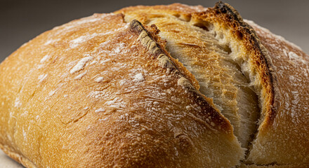 Close up of a golden brown loaf of bread with flour dusting and a scored crusty top