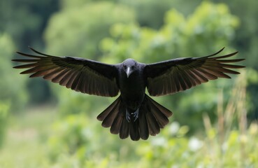 Black crow soars in mid-air, wings spread wide, majestically flying. Solitary bird in flight, nature scene. Bird of prey, corvus corone, flying freely. Perched on tree, flying upwards. Wild animal,